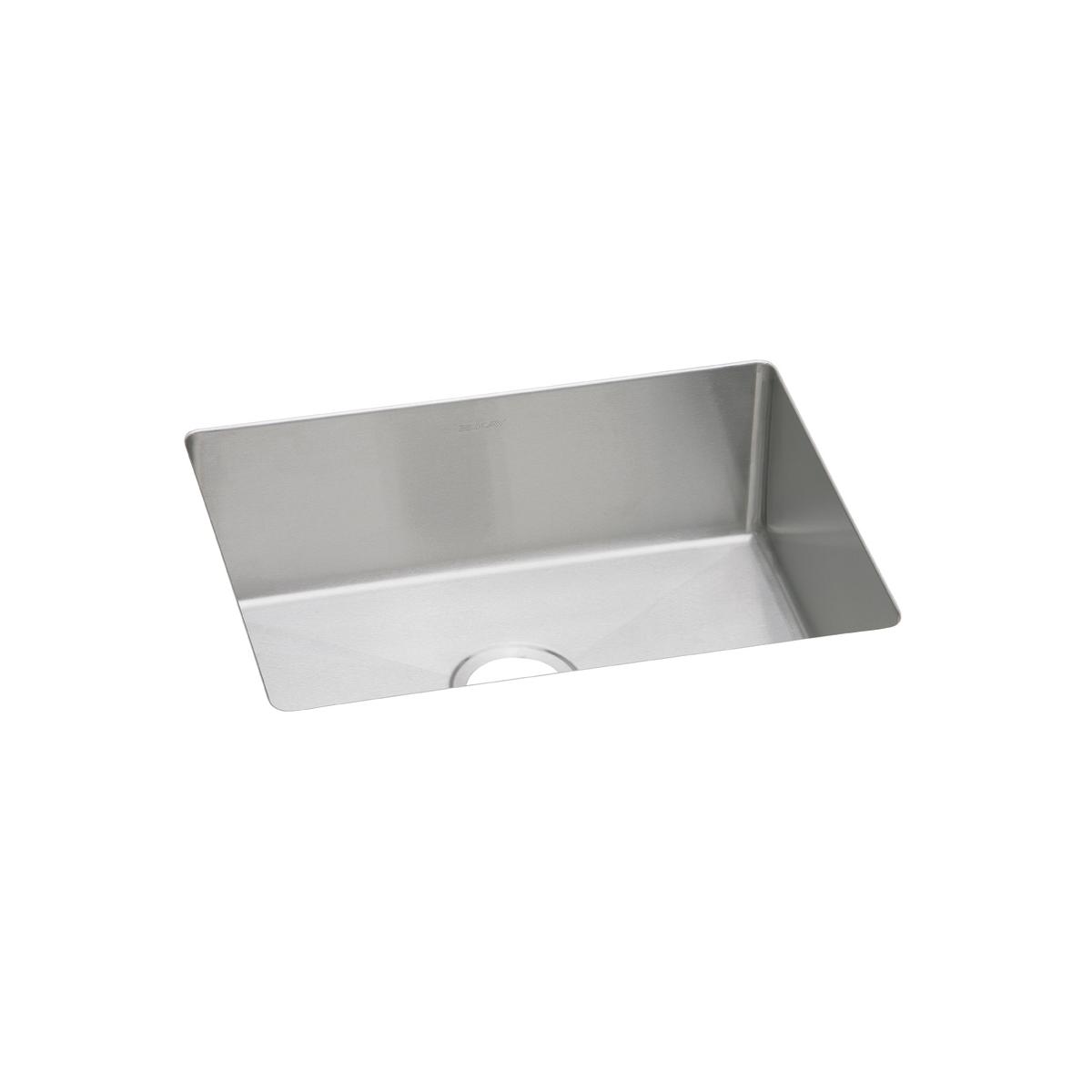 Stainless steel rectangular undermount sink with single bowl and drain hole visible.