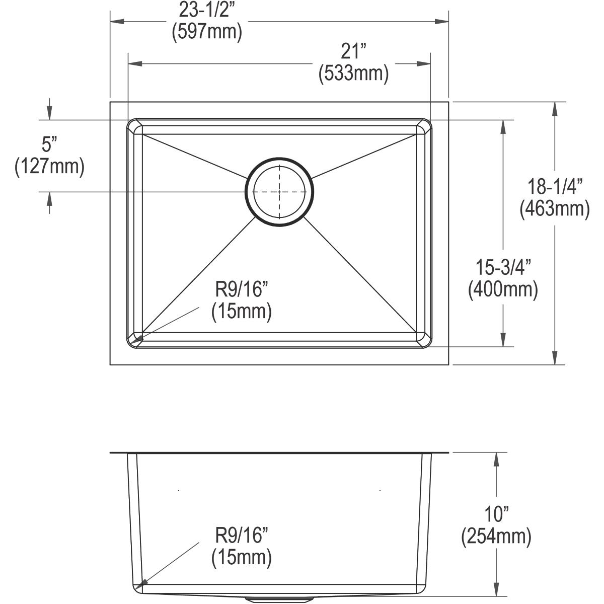 Stainless steel single bowl undermount sink with top and side view dimensions and drain location marked.