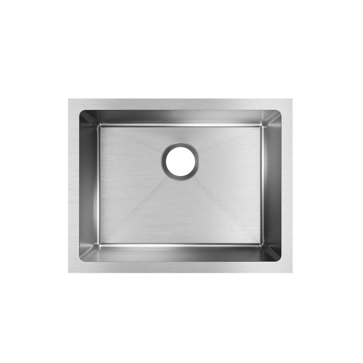 Stainless steel single bowl undermount sink with brushed finish and centered drain hole.