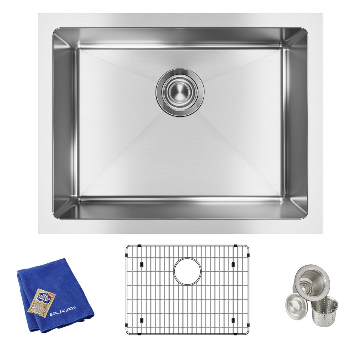Stainless steel single bowl undermount sink with drain, accompanied by grid strainer, stainless steel strainer basket, and bl
