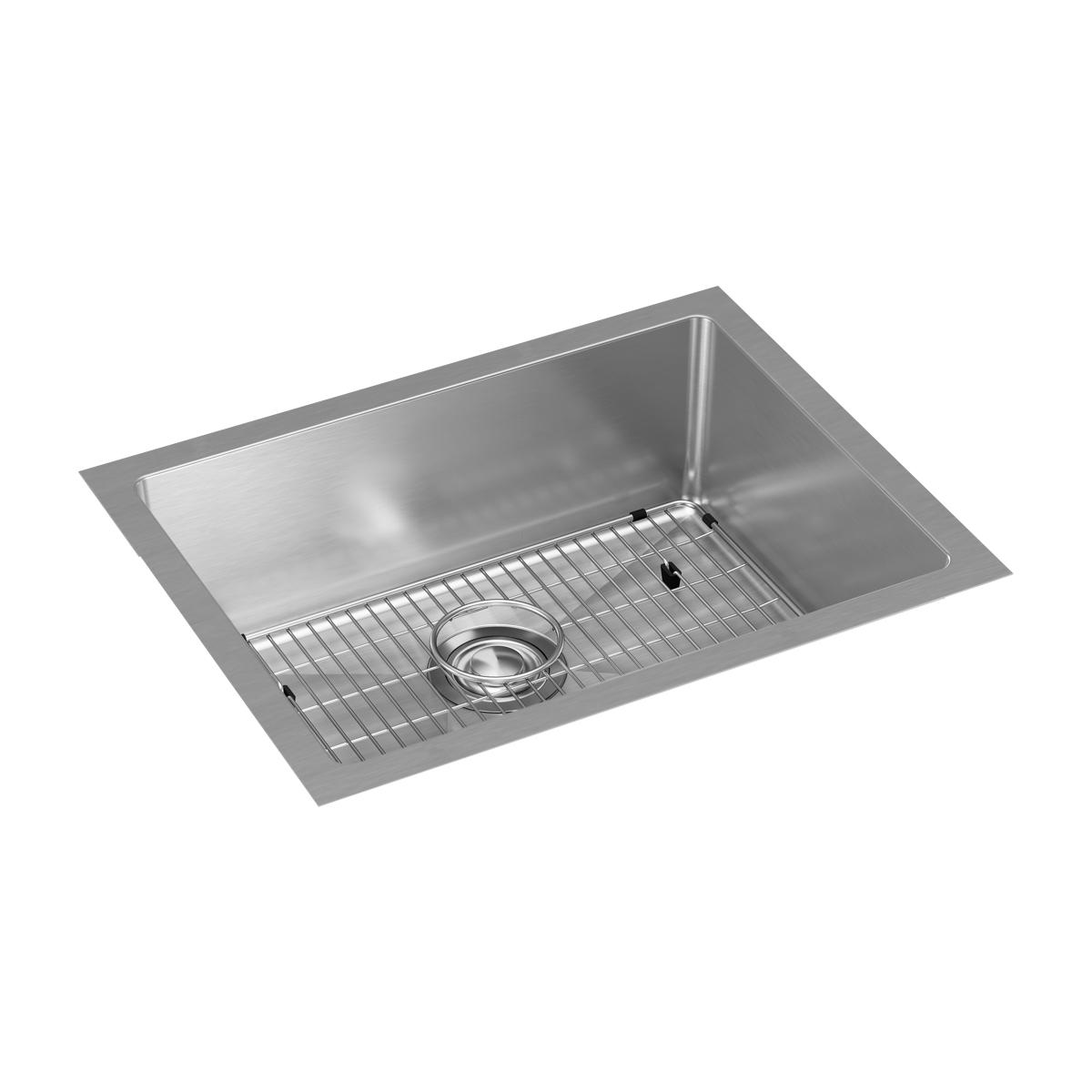 Stainless steel single bowl undermount sink with drain hole and wire grid strainer basket included.