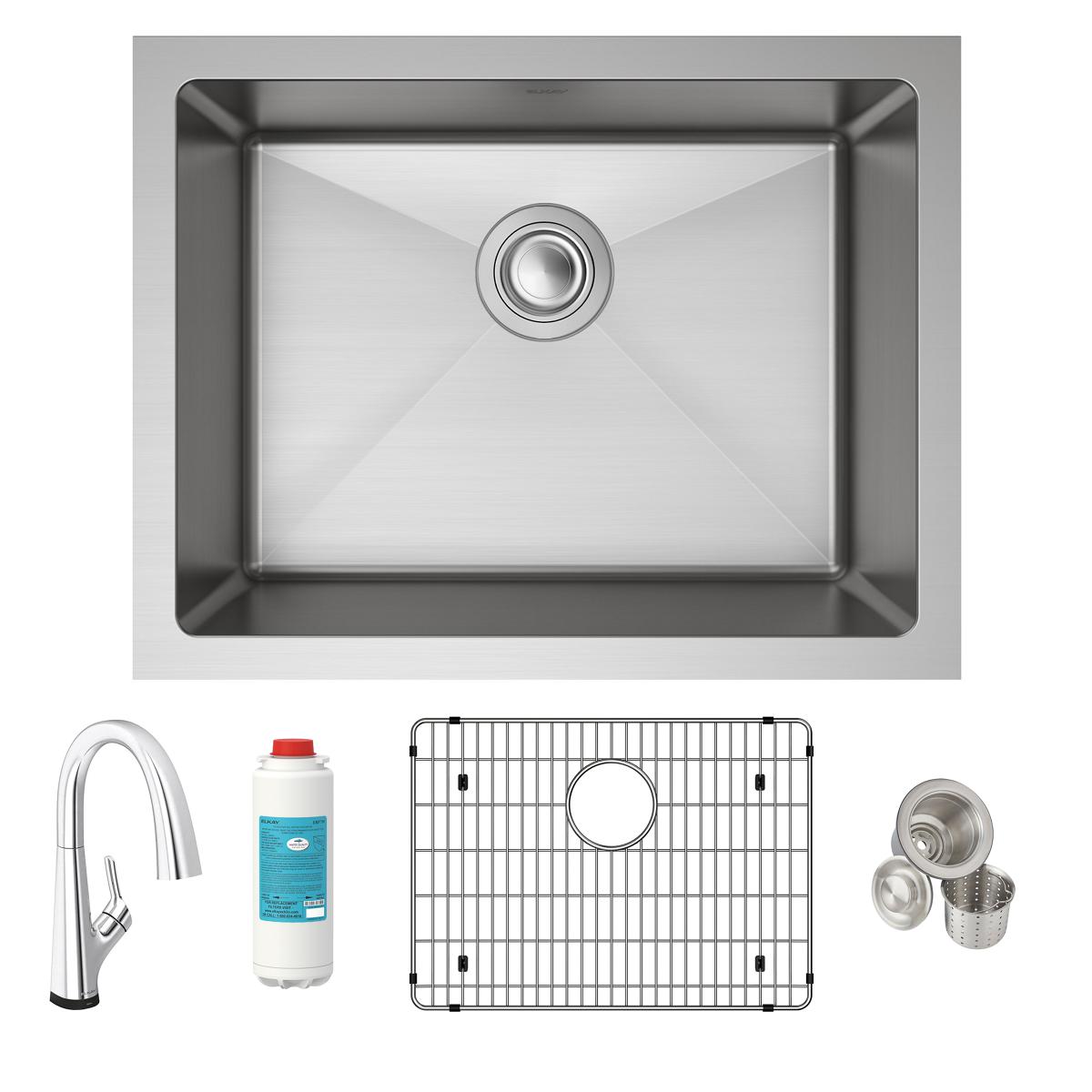 Stainless steel single bowl undermount sink with filtered faucet, sink grid, and strainer baskets included.