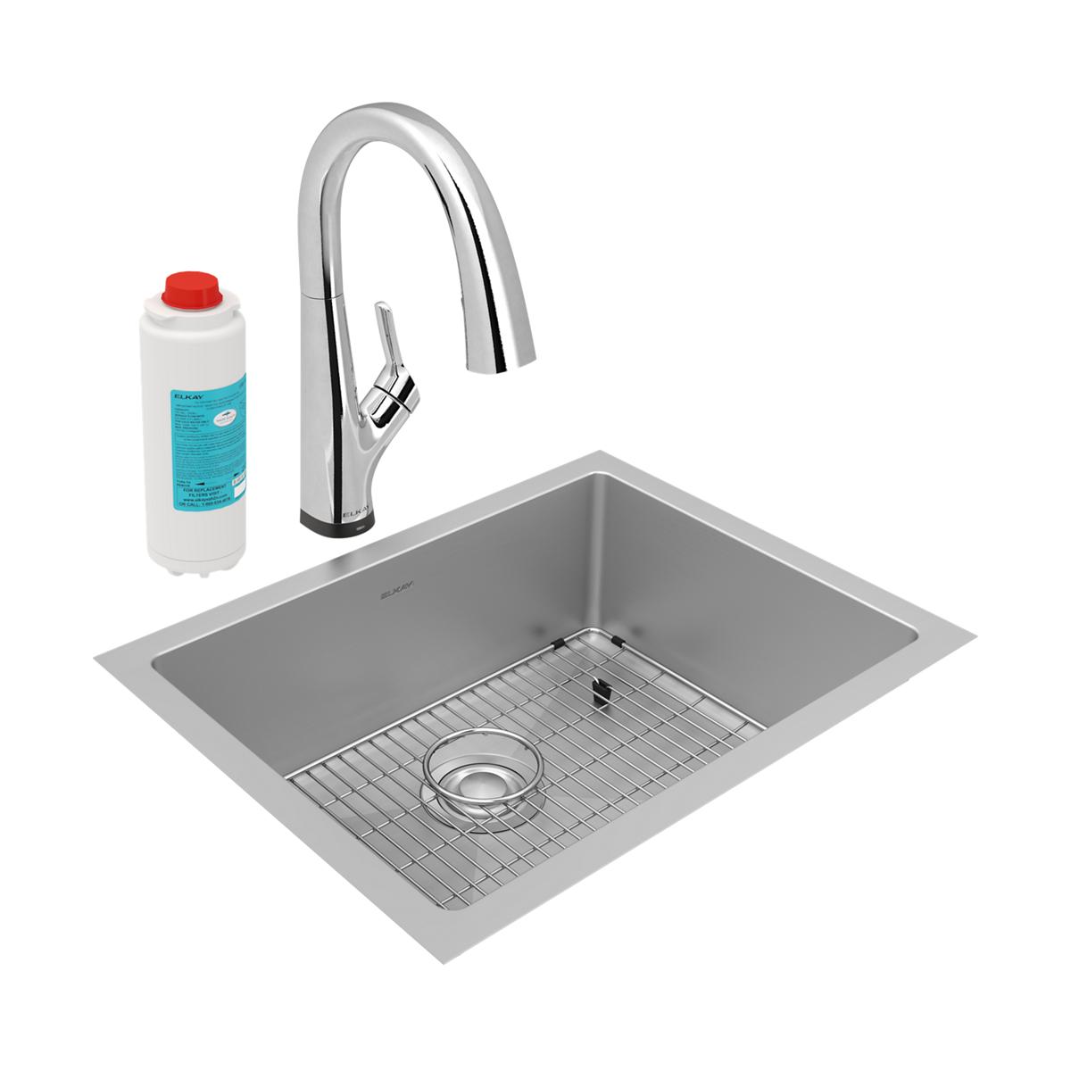 Stainless steel undermount sink with single bowl, pull-down faucet, sink grid, and water filter cartridge included.