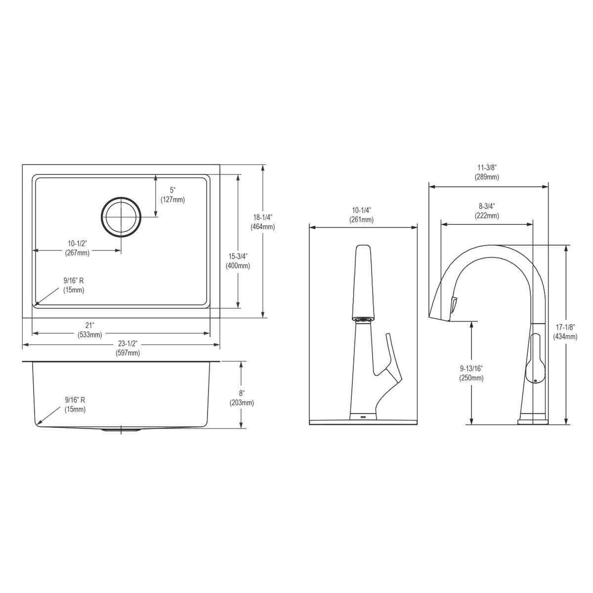 Technical schematic showing top and side views of stainless steel undermount sink bowl and filtered pull-down faucet with dim