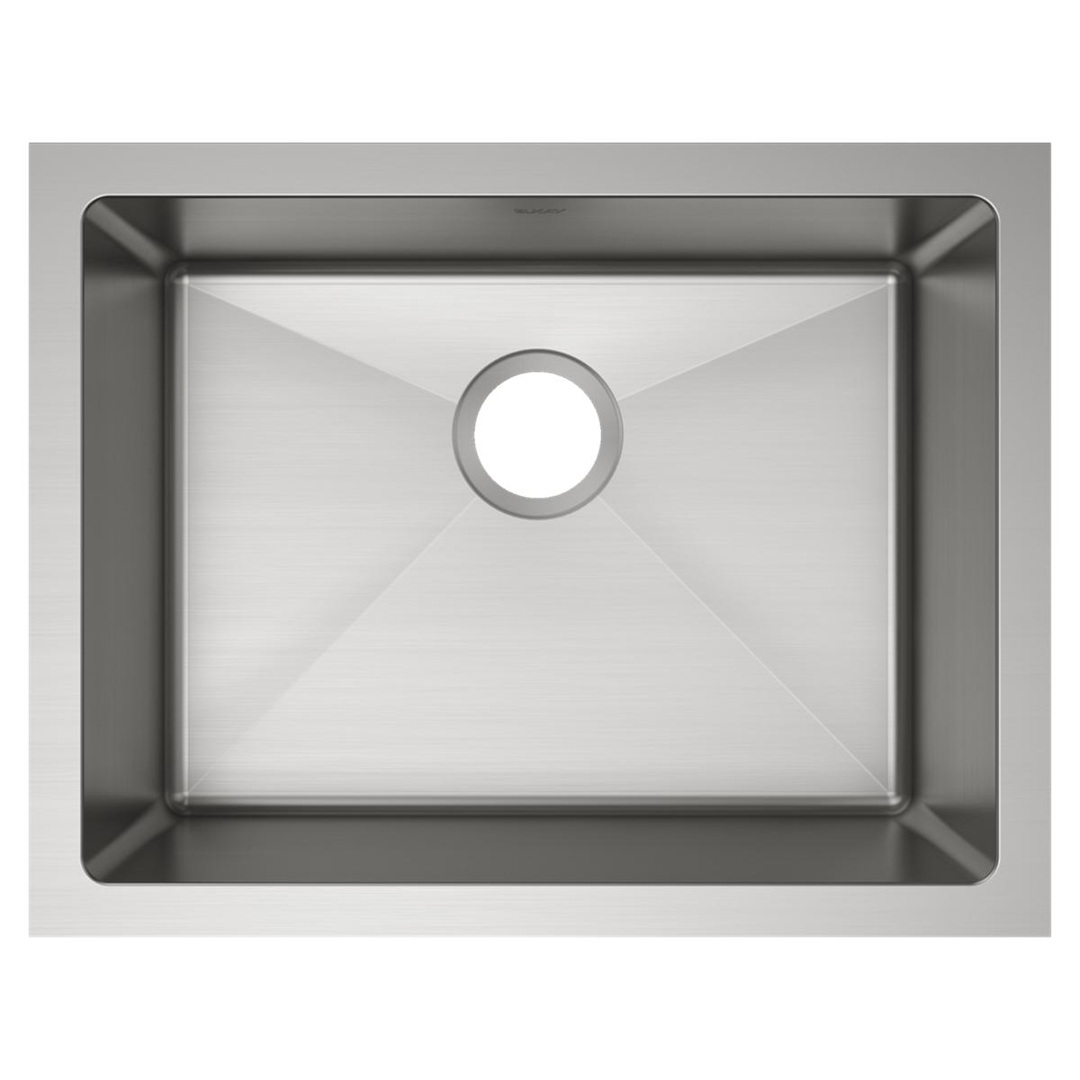 Stainless steel single bowl undermount sink with drain opening, viewed from above.