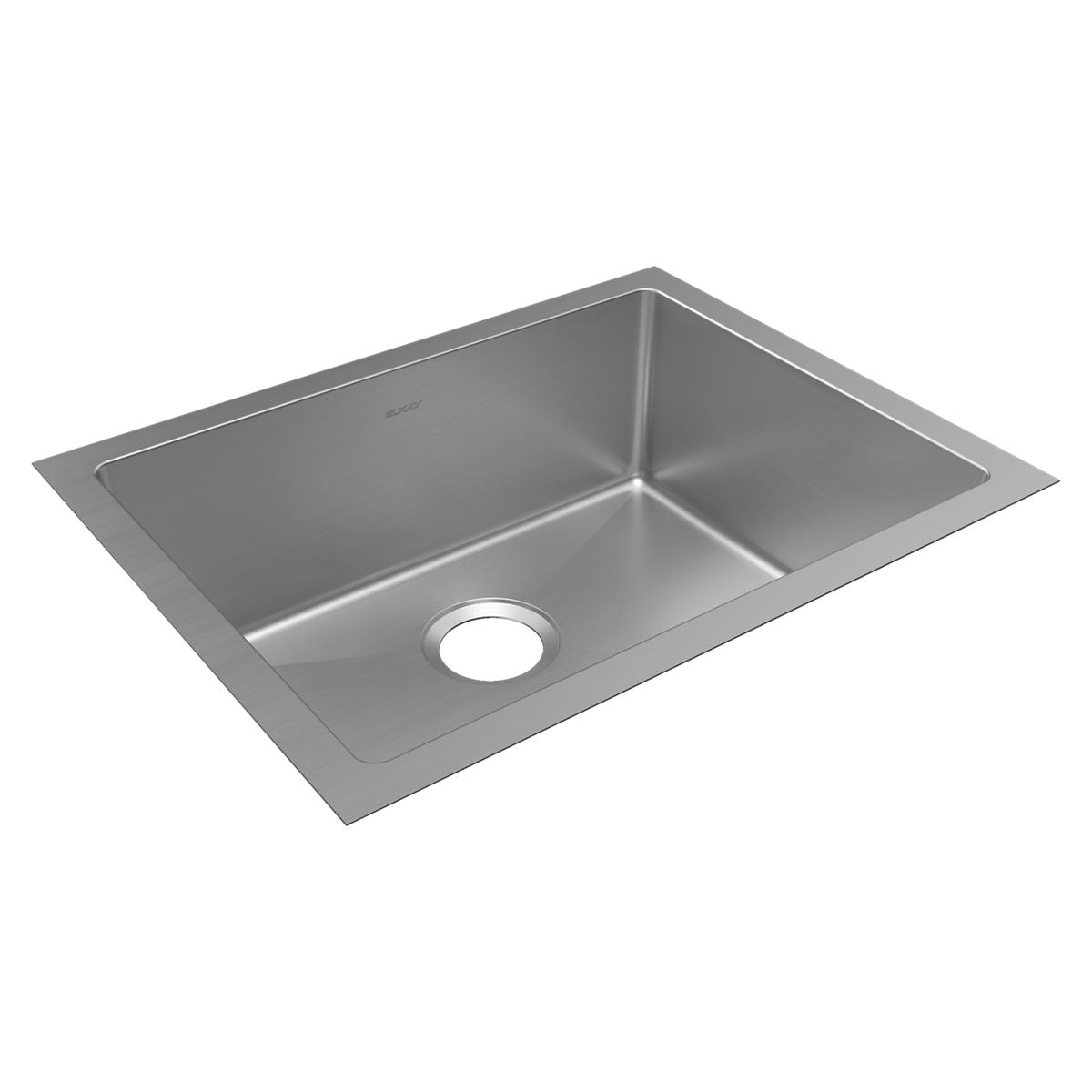 Stainless steel single bowl undermount sink with drain hole, viewed from above at an angle.