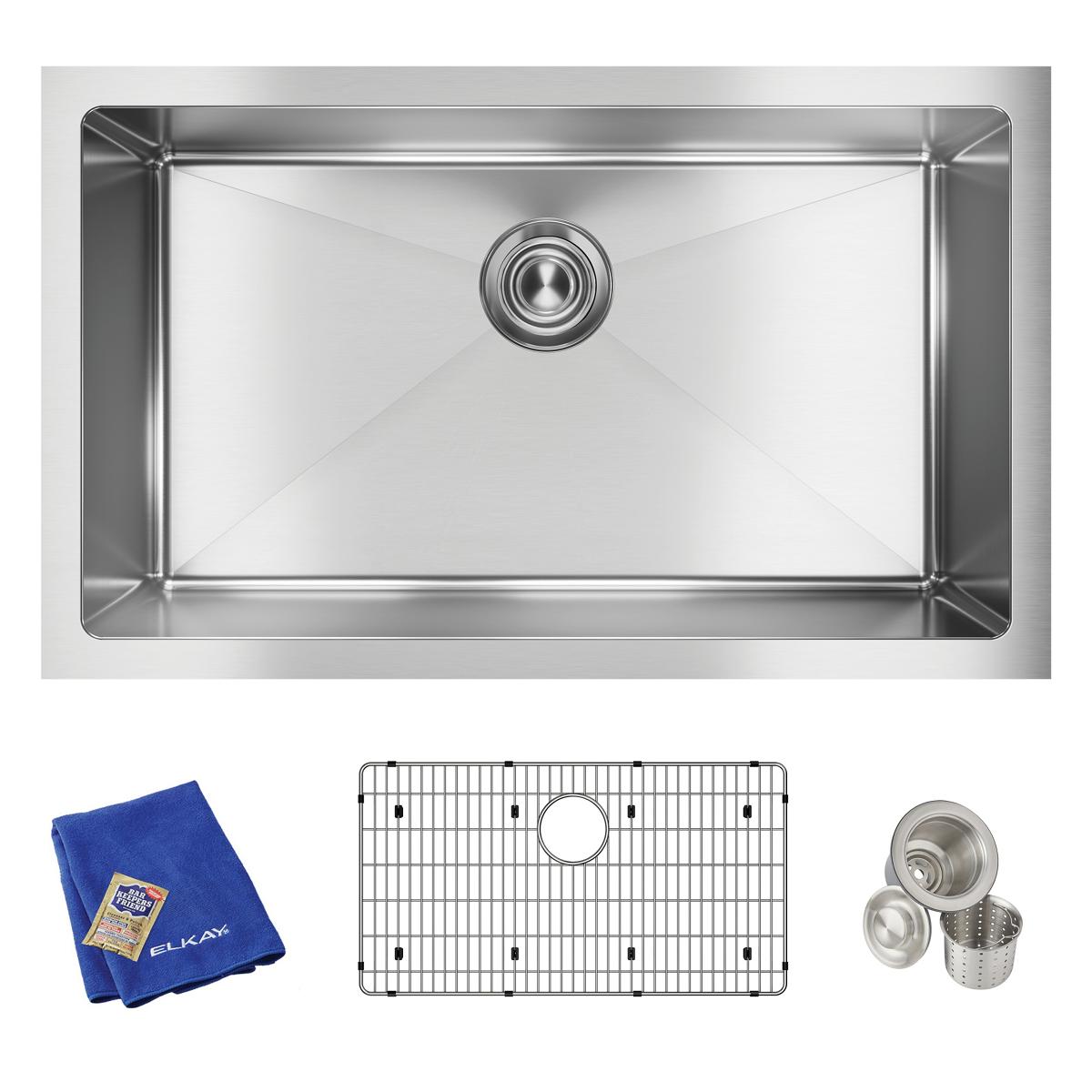 Stainless steel single bowl undermount sink with rounded corners, drain opening, and included grid, strainer basket, and blue