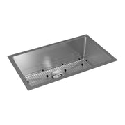 Stainless steel undermount sink with single rounded bowl, drain, grid rack, and mounting hardware included.