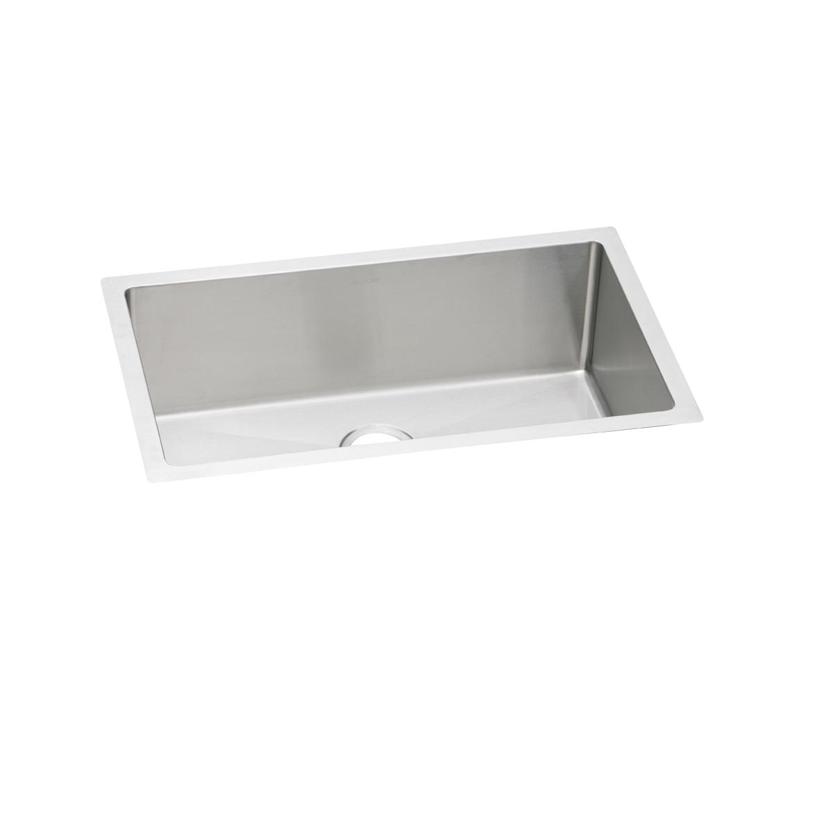 Stainless steel single bowl undermount sink with rounded corners and drain hole visible.