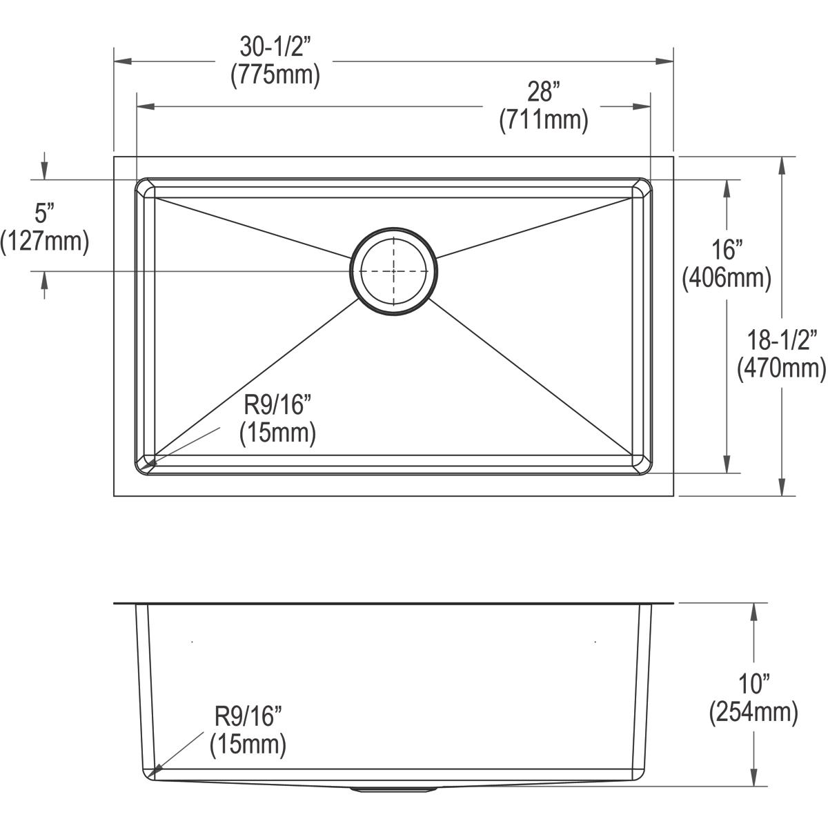 Stainless steel undermount sink with single rounded bowl, top and side view showing dimensions and drain placement.