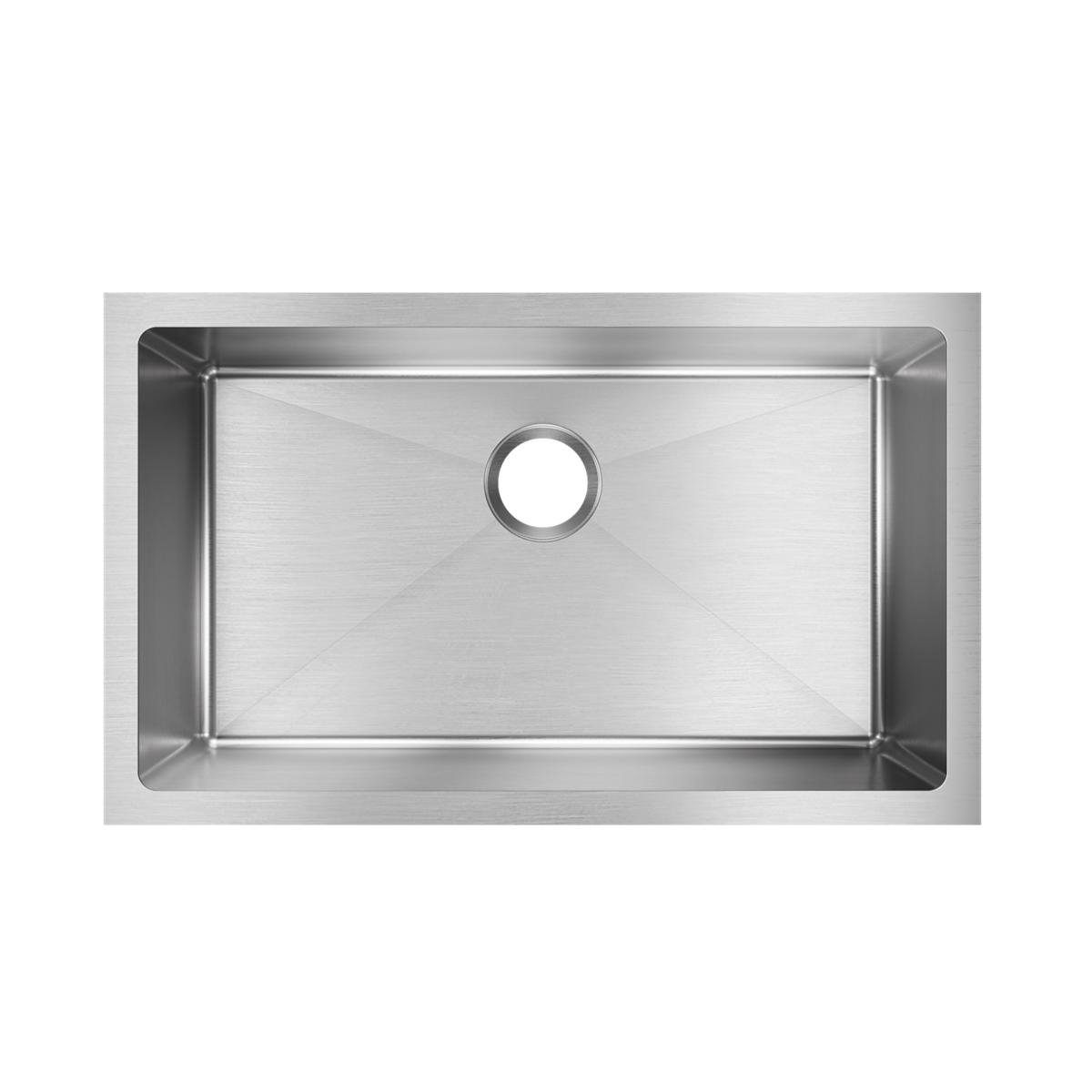 Stainless steel single bowl undermount sink with rounded corners and centered drain hole, viewed from above.
