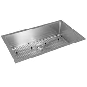 Stainless steel single bowl undermount sink with drain opening and wire grid insert included.