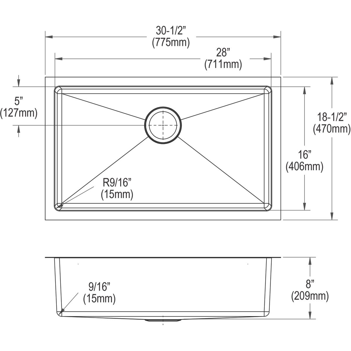 Stainless steel single bowl undermount sink with centered drain, 30-1/2" width and 8" depth, shown in top and side technical 