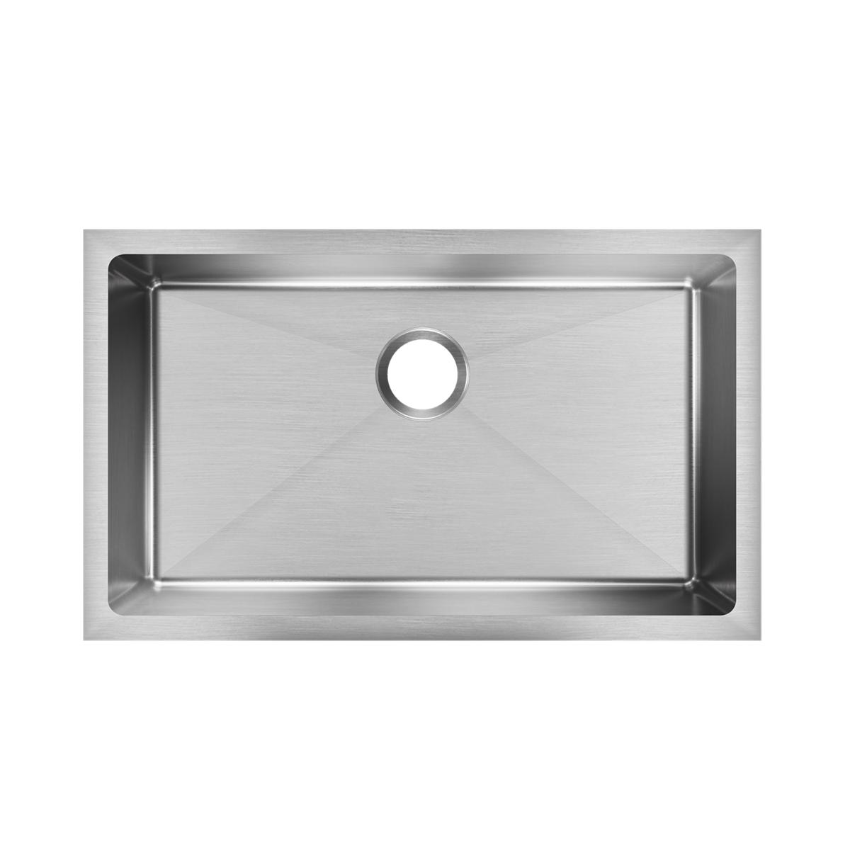 Stainless steel single bowl undermount sink with brushed finish and drain hole visible from above.