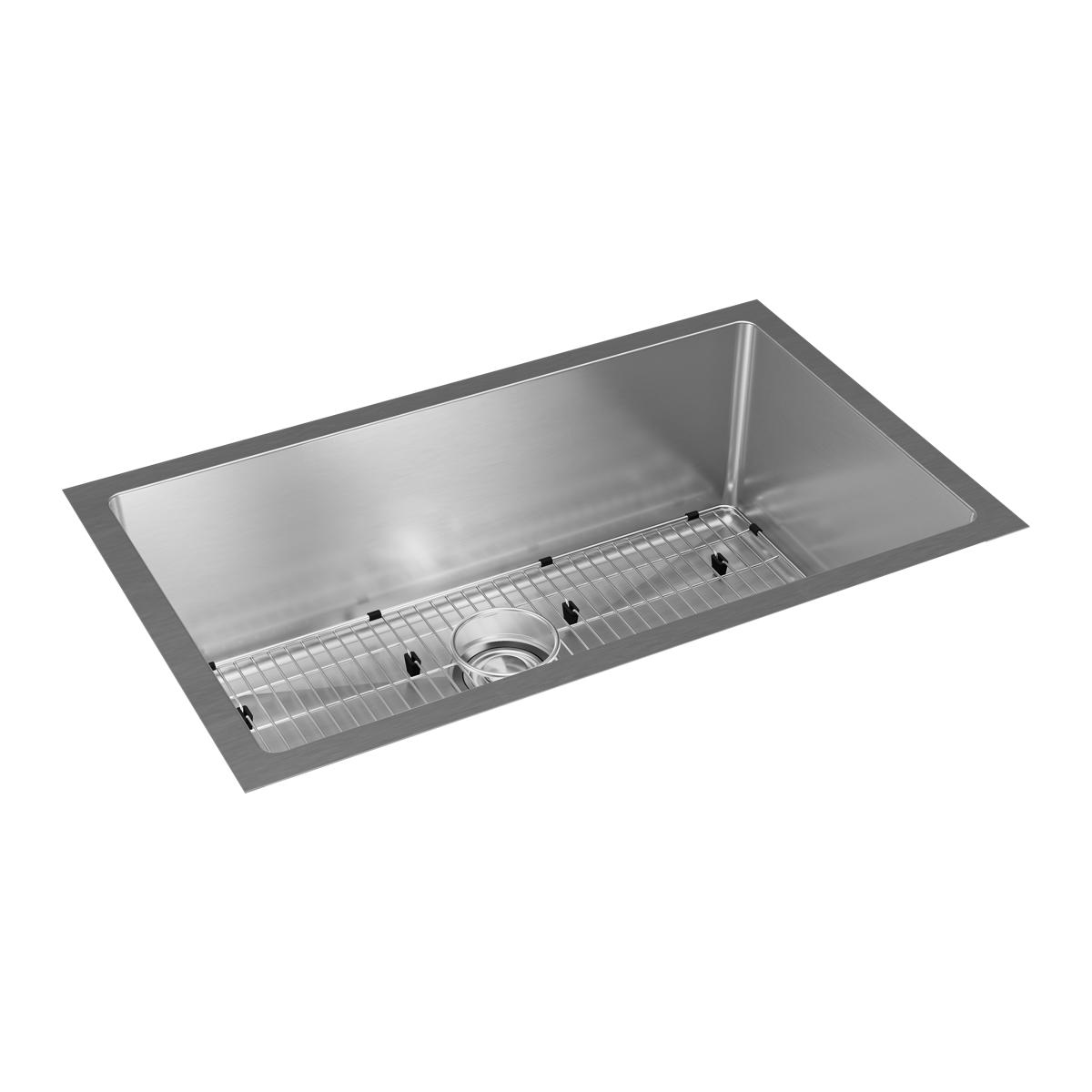 Stainless steel single bowl undermount sink with drain and wire grid insert.
