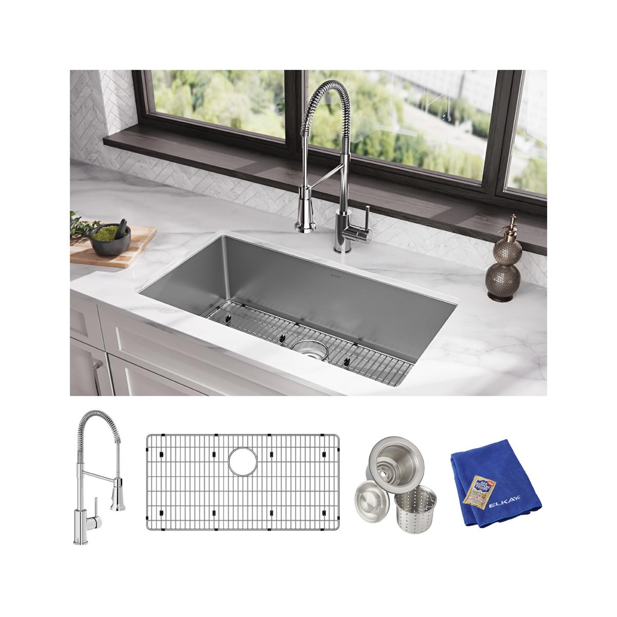 Stainless steel undermount sink with spring-neck faucet, grid, strainer, and care cloth included.