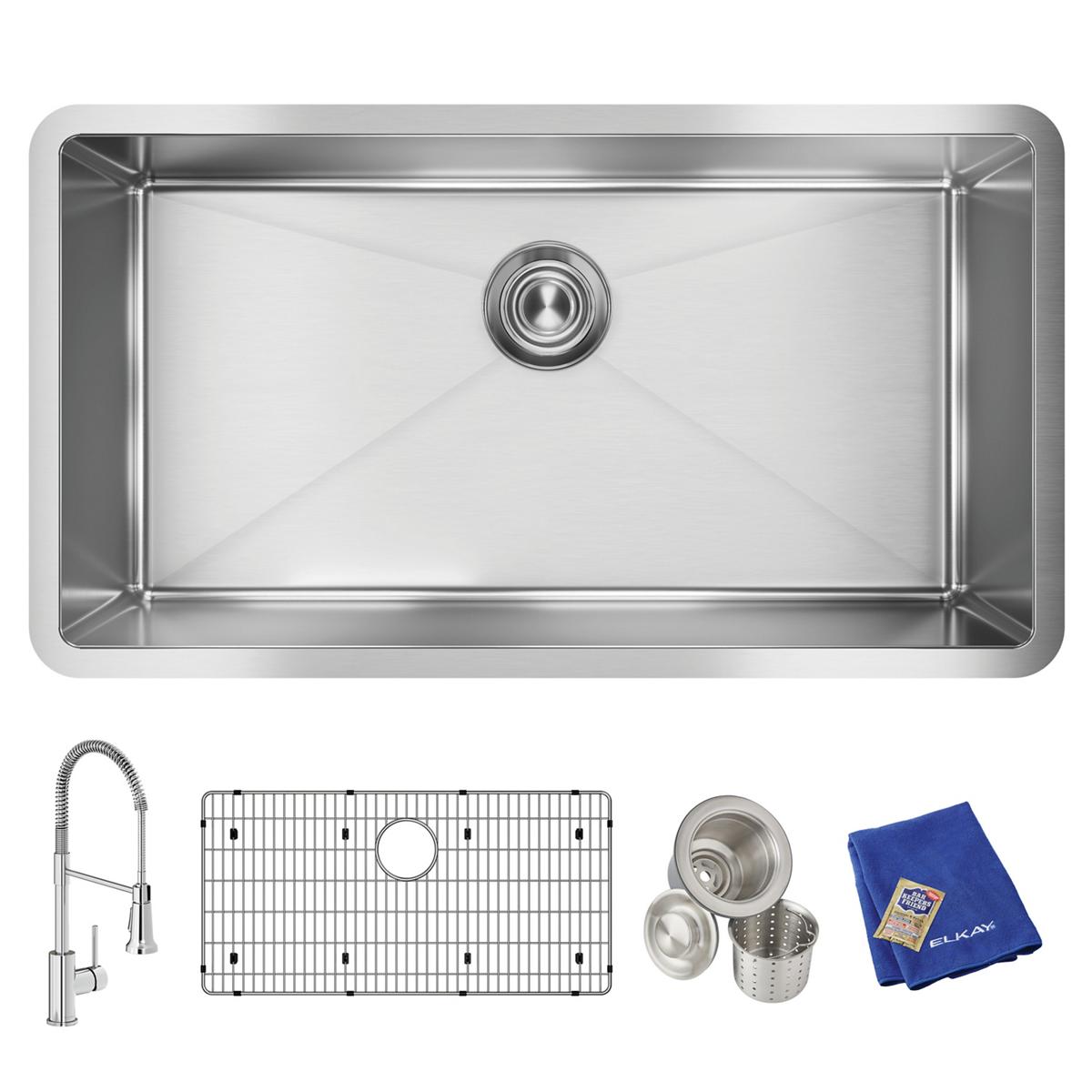 Stainless steel undermount sink with single bowl, drain, faucet with pull-down spray, sink grid, strainer basket, and blue cl