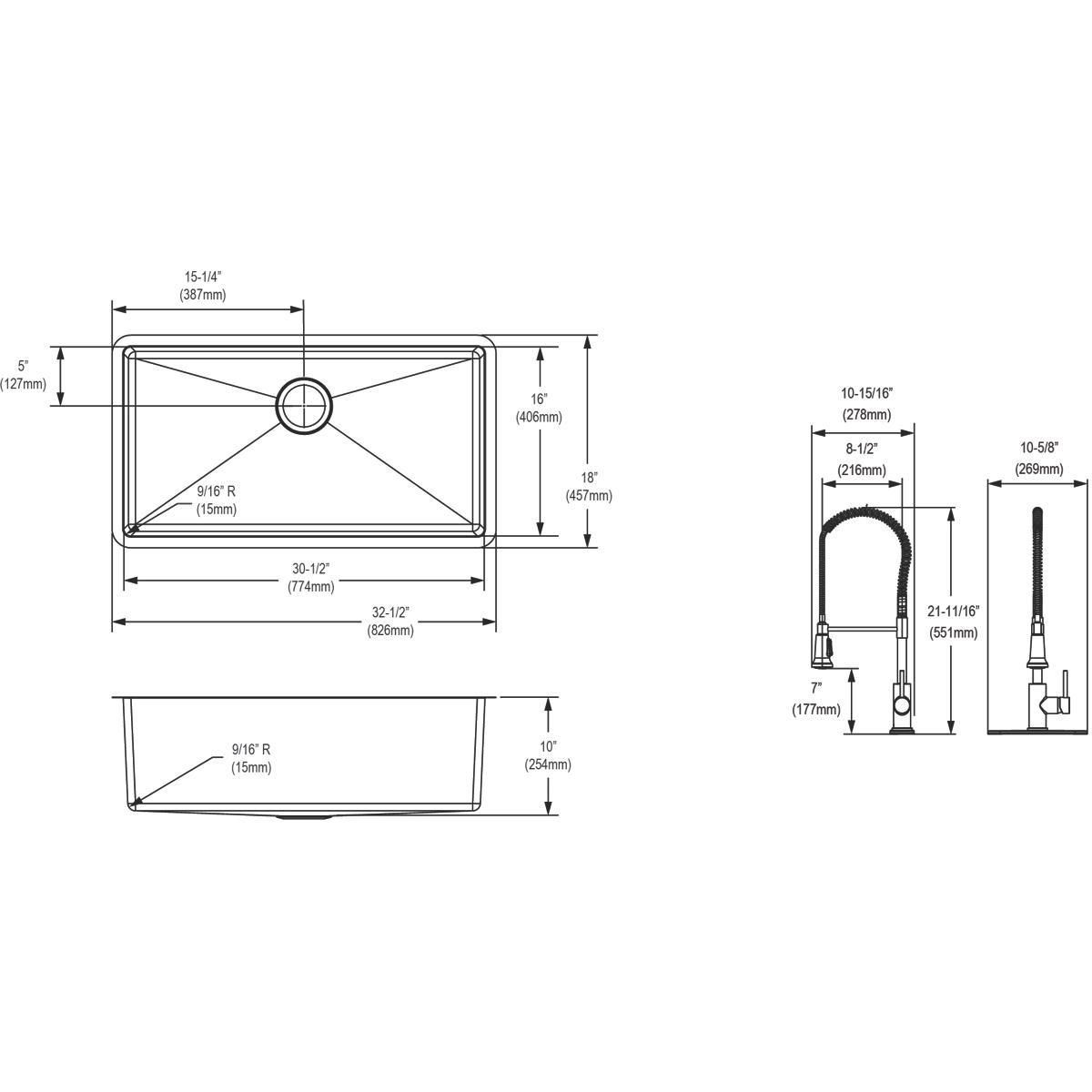 Technical schematic showing top, side, and front views of stainless steel undermount sink bowl with matching pull-down faucet