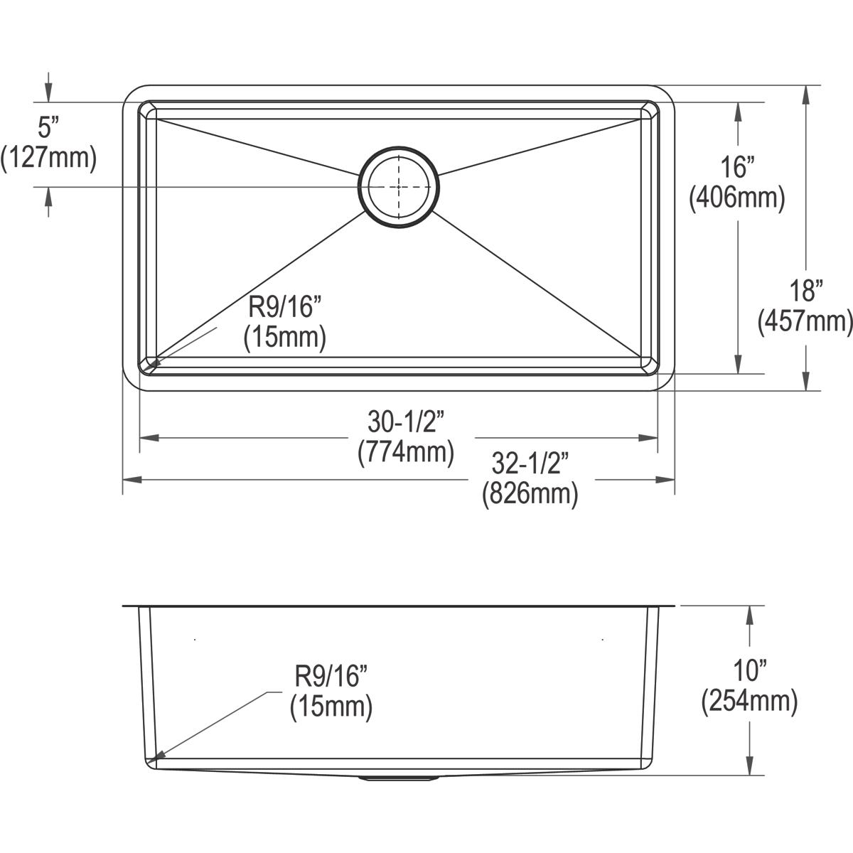 Stainless steel single bowl undermount sink with top and side view dimensions and drain opening specifications.