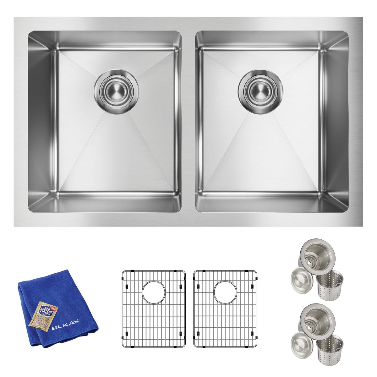 Stainless steel double bowl undermount sink with rounded corners, two drain strainers, two grid protectors, and blue cleaning