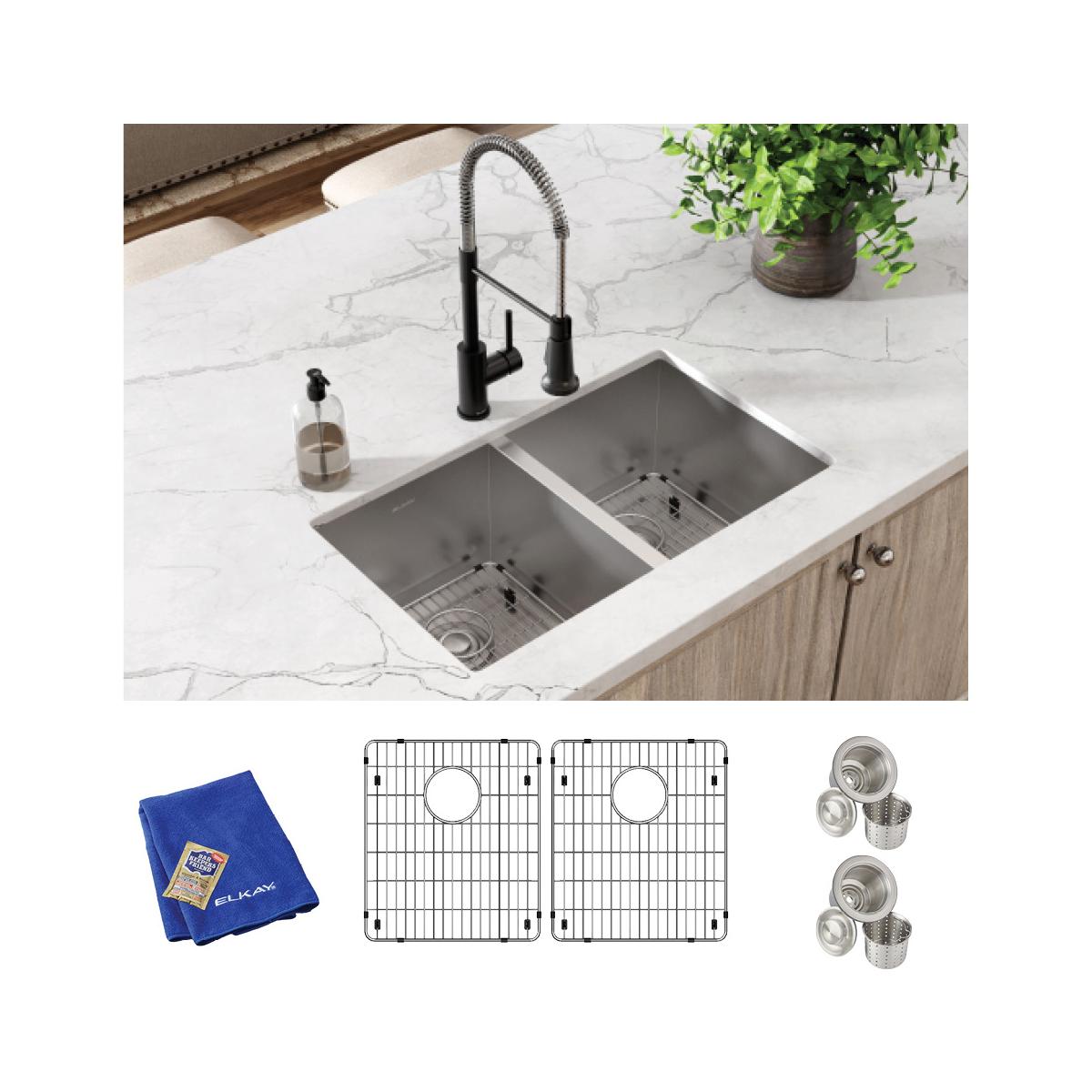 Stainless steel double bowl undermount sink with rounded bowls, includes two grid strainers, blue cloth, and drain baskets.