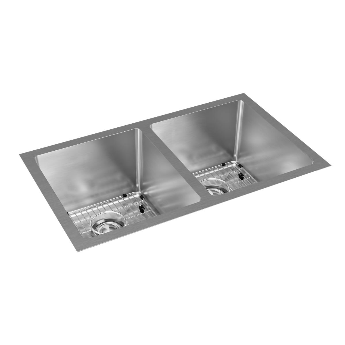 Stainless steel double bowl undermount sink with rounded corners, drain strainers, and wire grid inserts in each basin.