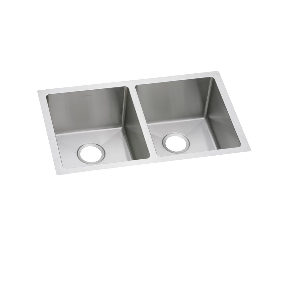 Stainless steel double bowl undermount sink with two equal-sized rounded bowls and drain openings.