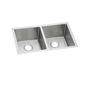 Stainless steel double bowl undermount sink with two equal-sized rounded bowls and drain openings.