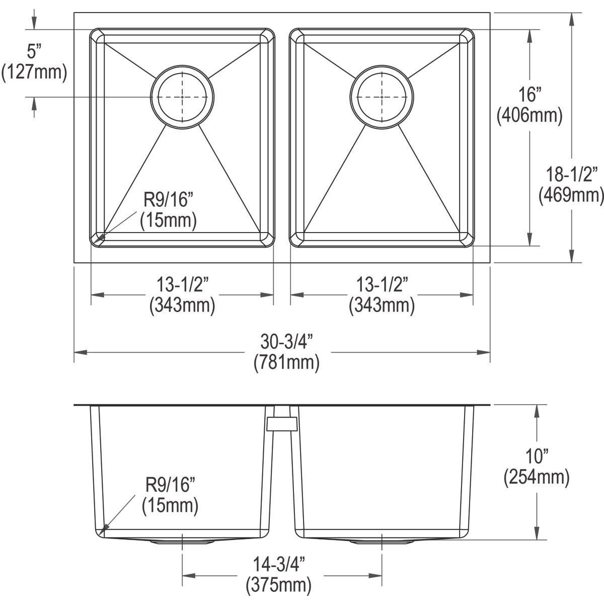 Stainless steel double bowl undermount sink with rounded corners and centered drain holes, shown in top and side technical di