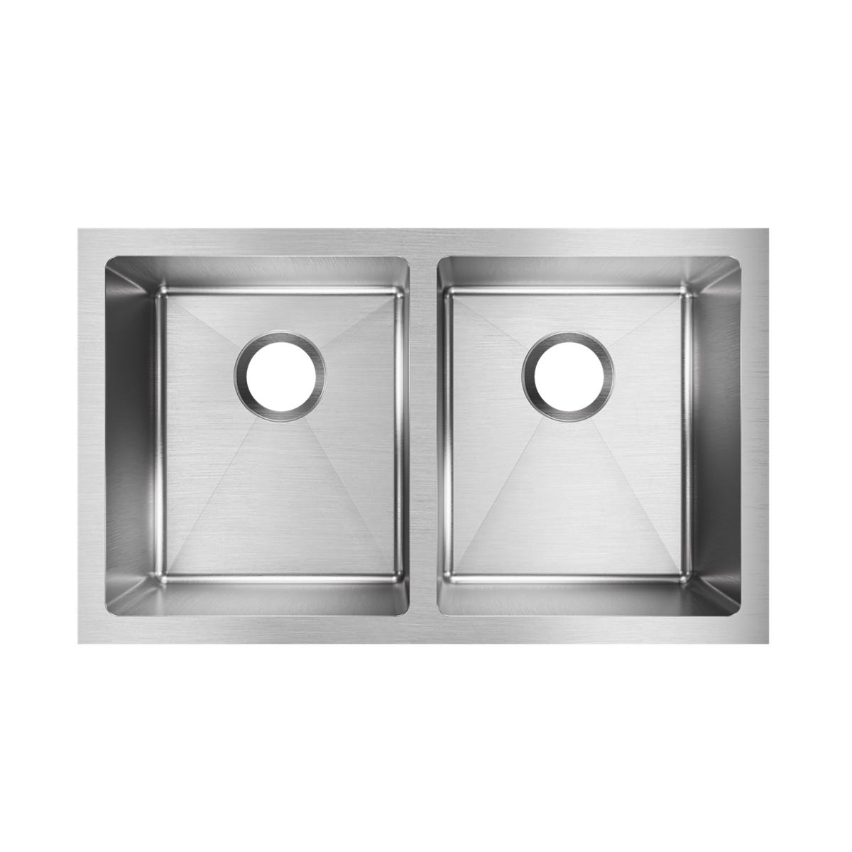 Stainless steel double bowl undermount sink with two equal rounded basins and drain holes.