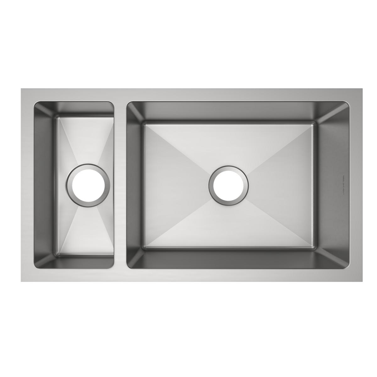 Stainless steel double bowl undermount sink with smaller left bowl and larger right bowl, each with center drain opening.