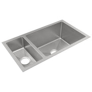 Stainless steel double bowl undermount sink with smaller left bowl and larger right bowl, each with drain opening.