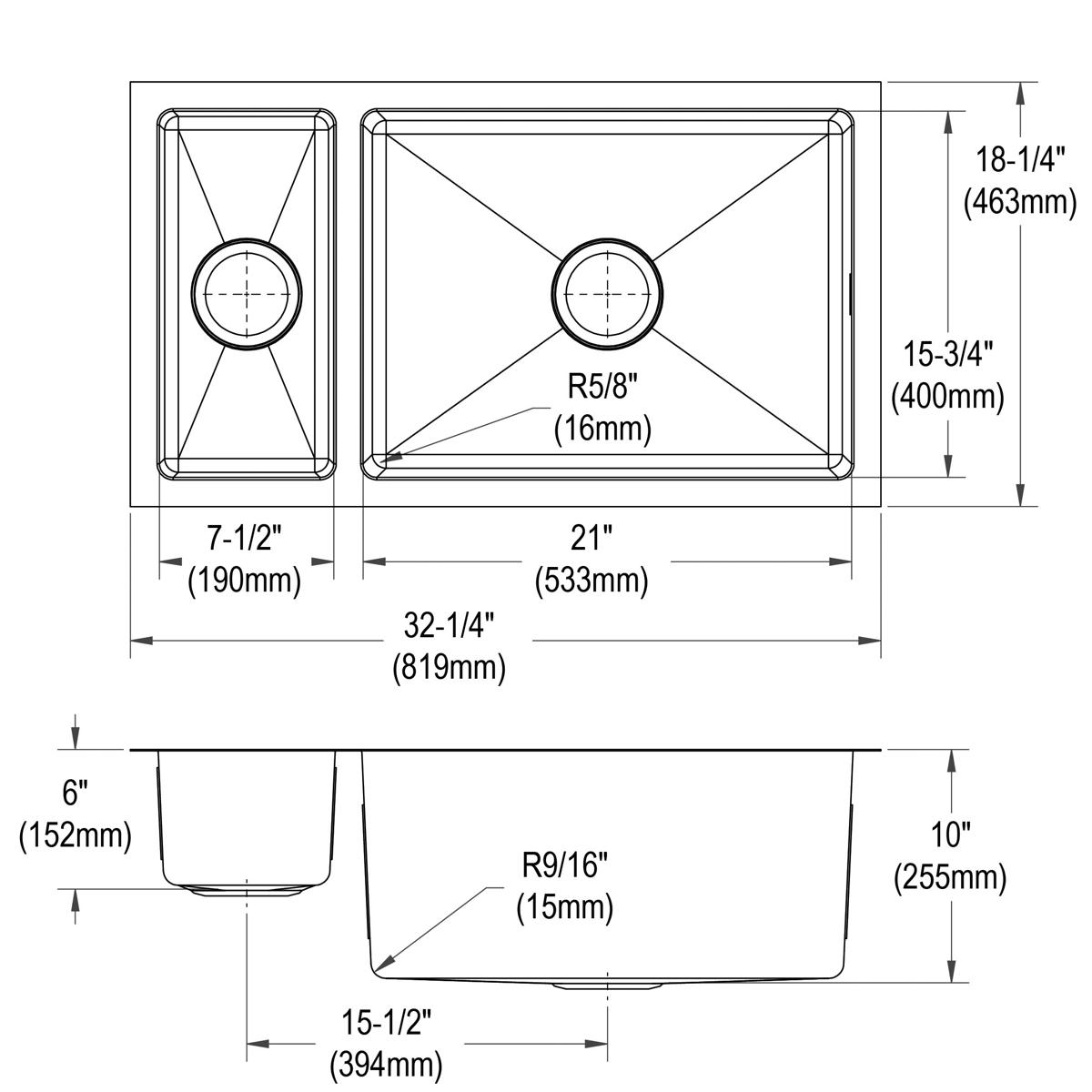 Technical drawing of stainless steel double bowl undermount sink with 30/70 configuration, showing top and side views with di