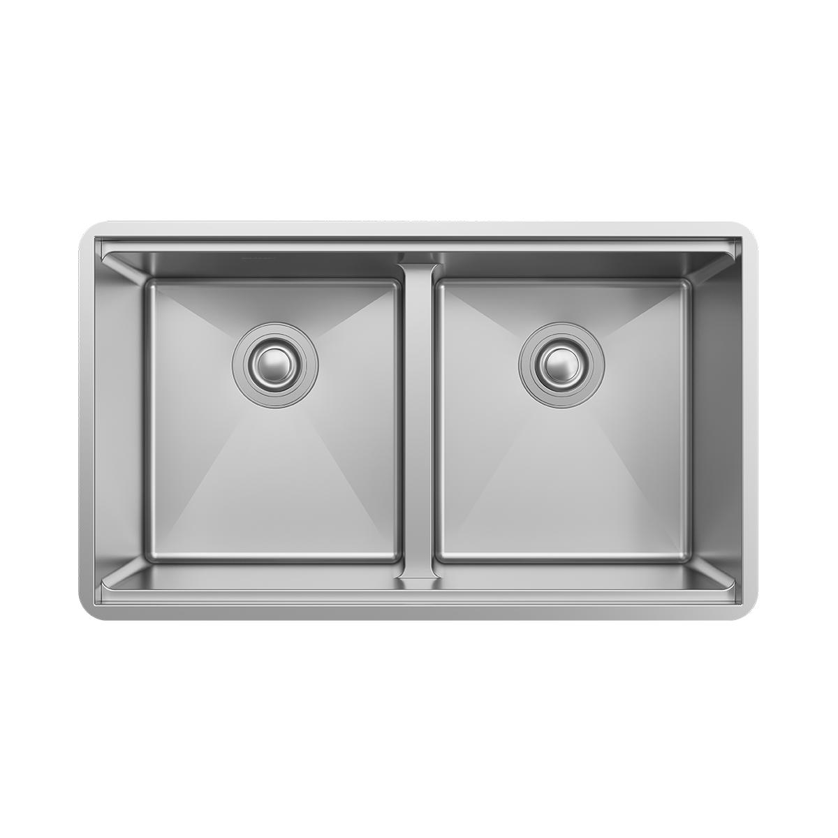 Stainless steel double bowl sink with two equal-sized basins, drain holes, and divider in center.
