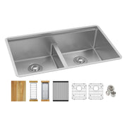 Stainless steel double bowl sink with center divider, accompanied by wood cutting board, drying racks, grid inserts, and stra