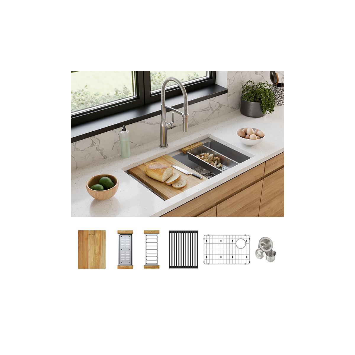 Stainless steel double bowl workstation sink with faucet, cutting board, colander, and grid accessories installed in white co