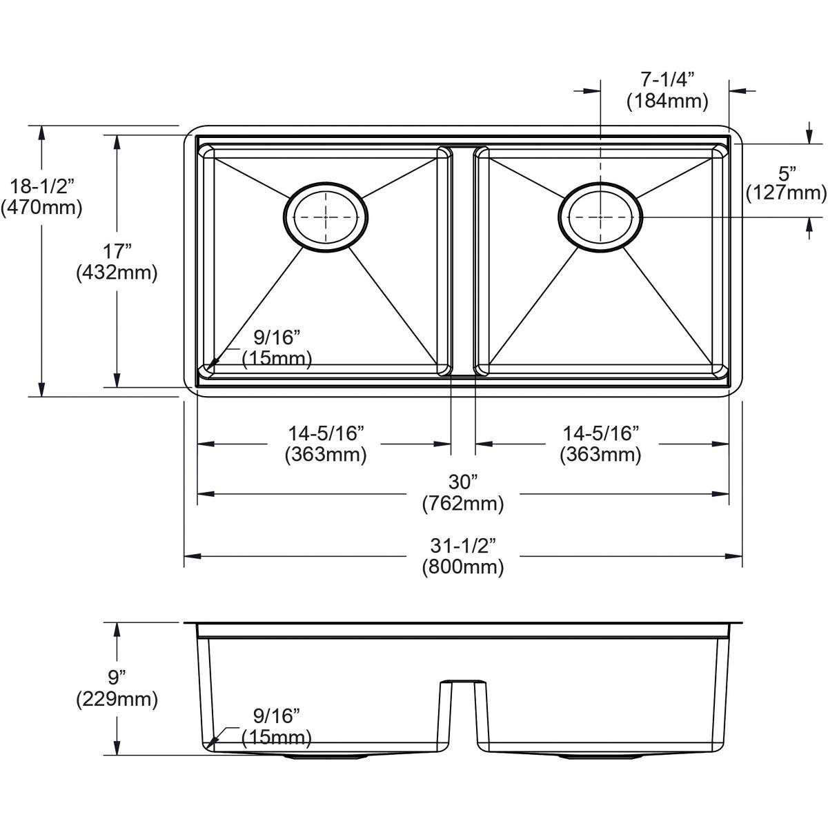 Top and side view technical drawings of stainless steel double bowl sink with equal-sized basins and center divider.