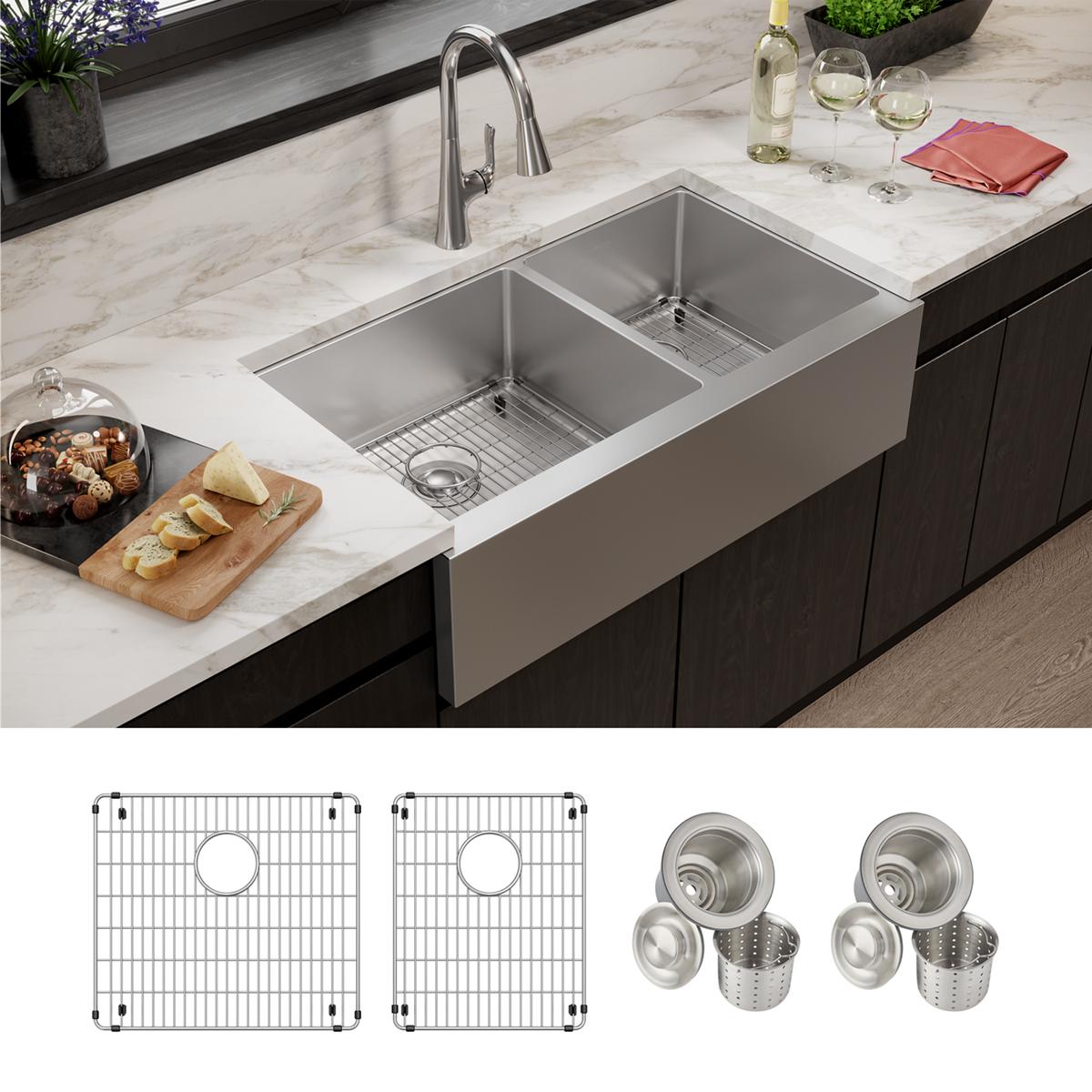 Stainless steel double bowl farmhouse sink with tall faucet, grid inserts, and strainer baskets in kitchen countertop setting