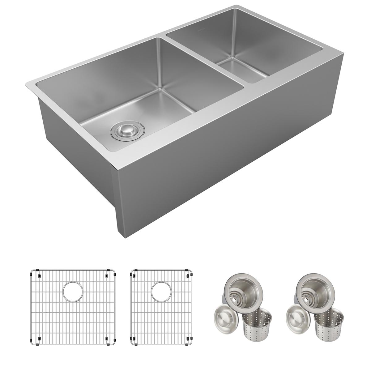 Stainless steel double bowl farmhouse sink with two grid inserts and four strainer baskets included.