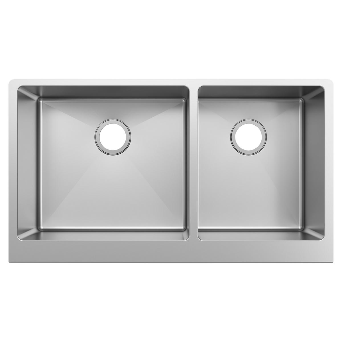 Stainless steel double bowl farmhouse sink with two equal rectangular basins and drain holes.