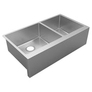Stainless steel double bowl farmhouse sink with left bowl drain and tall front apron.