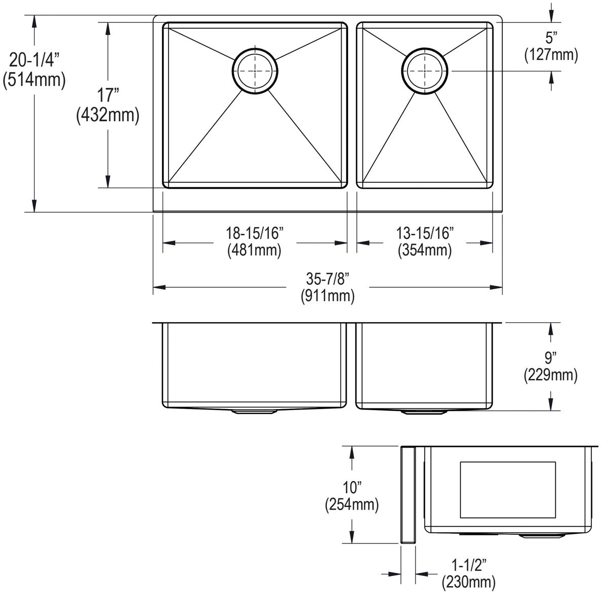 Stainless steel double bowl farmhouse sink with dimension specifications and drain hole placements shown in top, side, and de