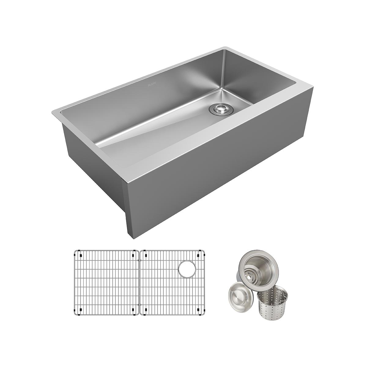 Stainless steel single bowl farmhouse sink with integrated apron front, shown with protective grid and strainer accessories.
