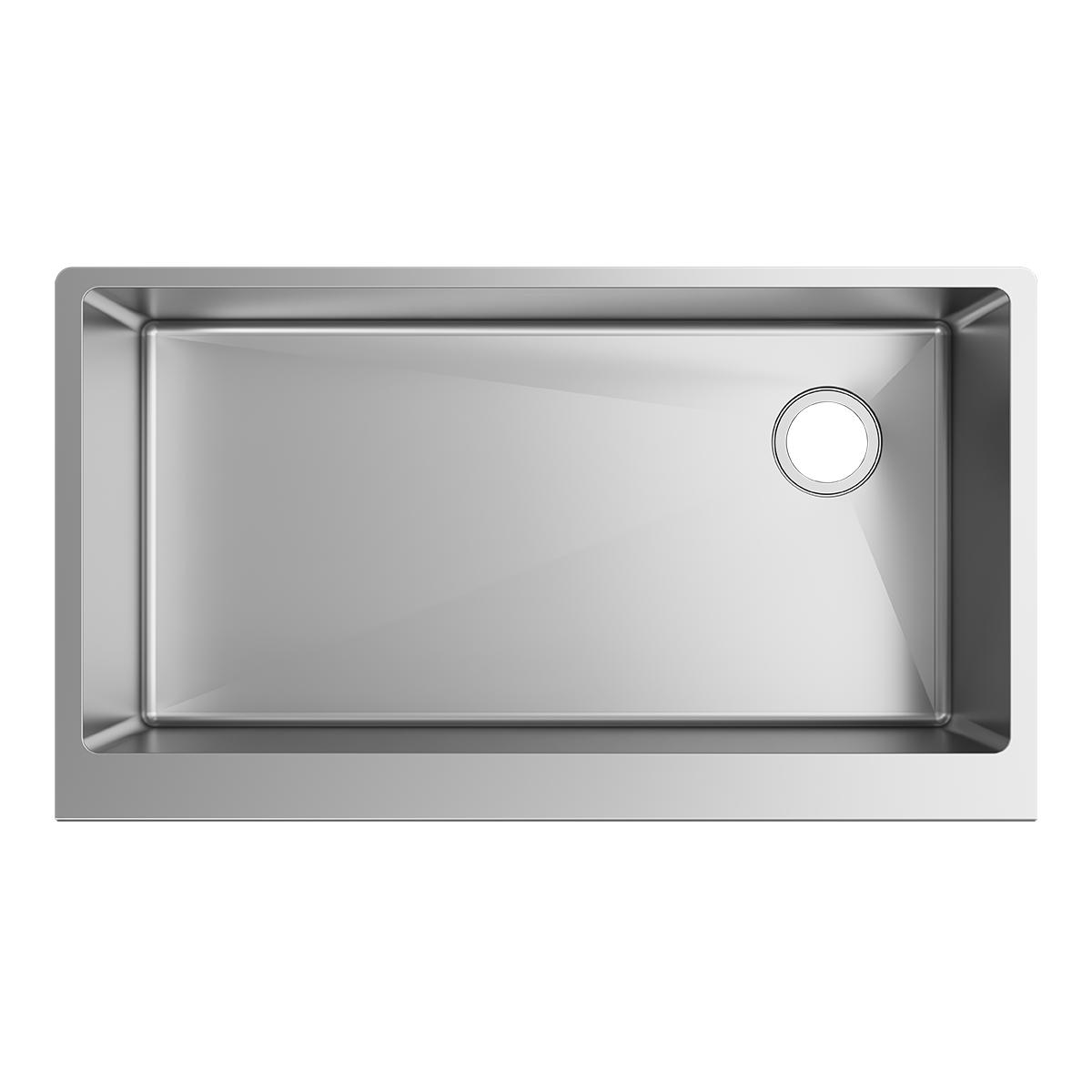 Stainless steel single bowl farmhouse sink with rounded corners and drain hole on right side, viewed from above.