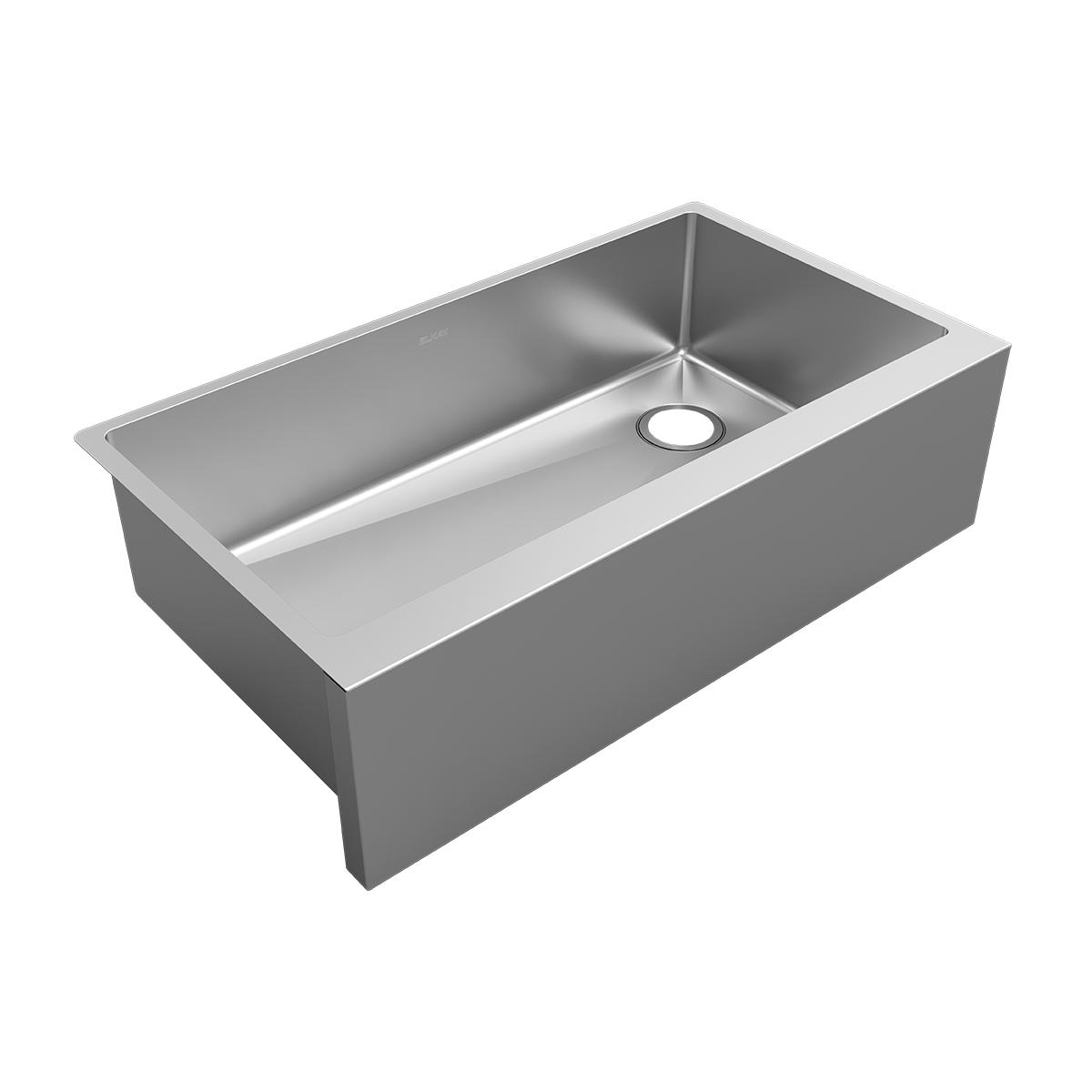 Stainless steel single bowl farmhouse sink with tall apron front and drain hole.