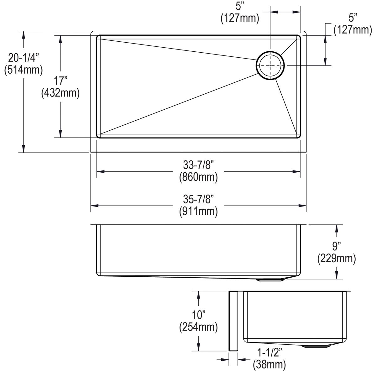 Stainless steel single bowl farmhouse sink with rounded corners and drain hole, shown in top, front, and side views with dime