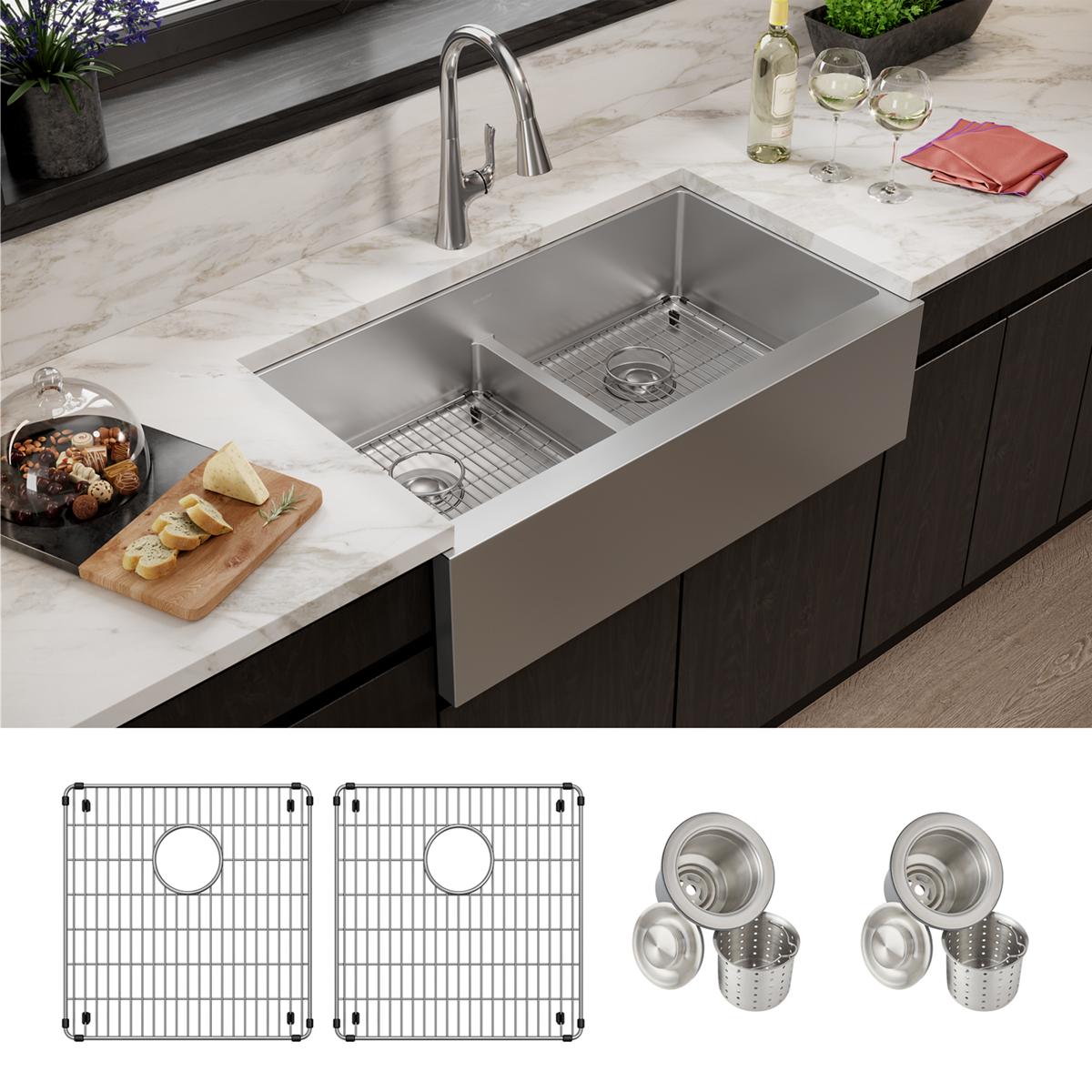 Stainless steel double bowl farmhouse sink with tall faucet, grid strainers, and basket accessories included.