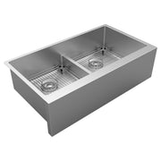 Stainless steel farmhouse sink with two equal bowls, divider, and included grid inserts.