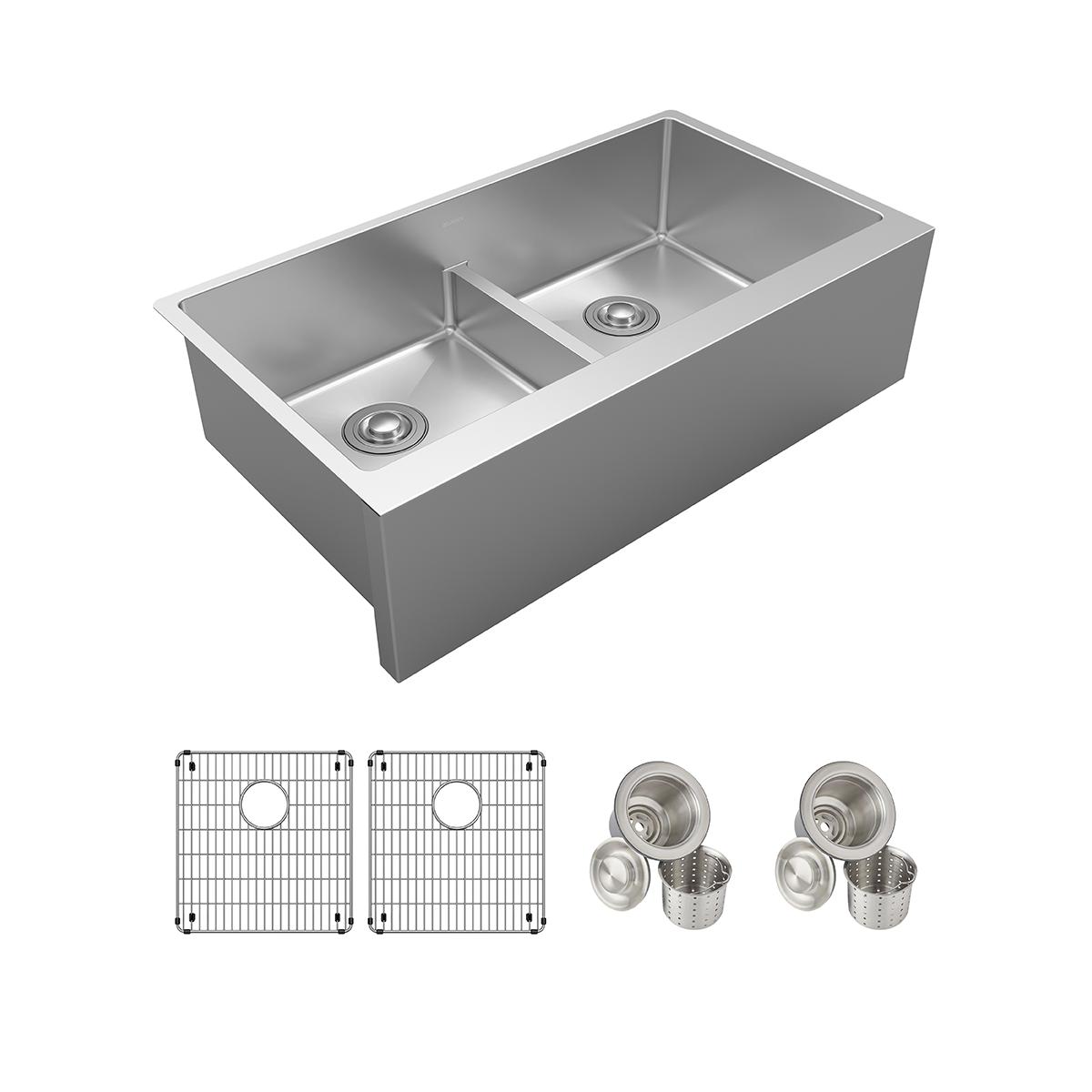 Stainless steel double bowl farmhouse sink with two drain strainers, grid inserts, and divider included.