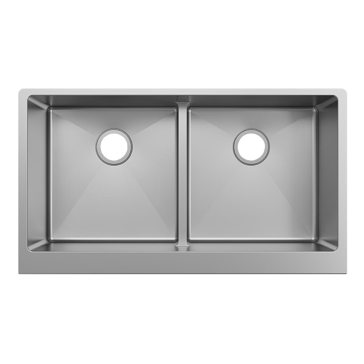 Stainless steel farmhouse sink with two equal square bowls and drain holes, front apron design.
